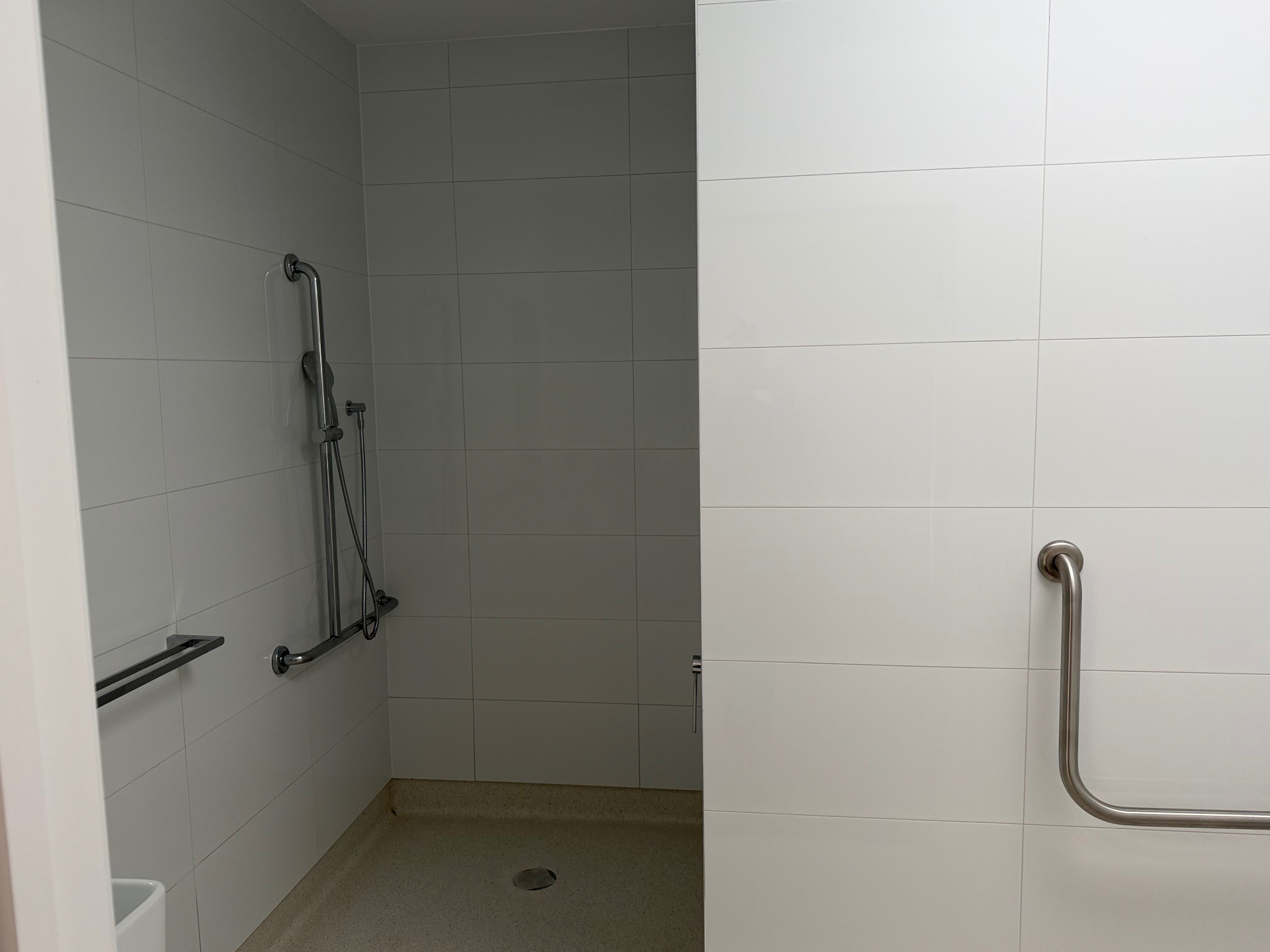 Accessible bathroom with roll-in shower, grab rails and slip-resistant flooring